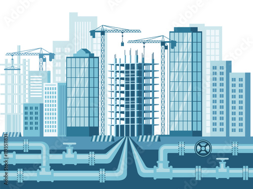 Buildings under construction, in progress. Construction cranes above buildings.