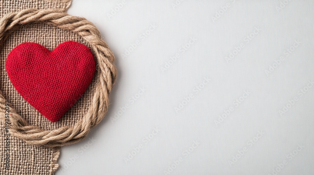 Red Fabric Heart Surrounded by Jute Rope on Beige Background for Romantic or Wedding Concept Red Fabric Heart Surrounded by Jute Rope on Beige Background for Romantic or Wedding Concept
