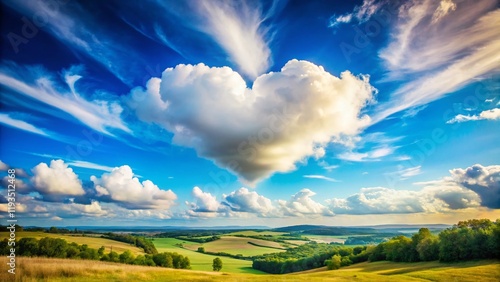 Heart-Shaped Cloud over Scenic Landscape - Blue Sky Portrait Banner Stock Photo