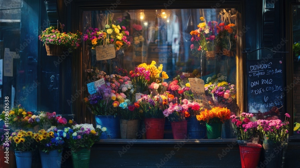 Fototapeta premium Colorful flower shop with assorted vibrant bouquets in buckets inside window display, illuminated by warm lighting