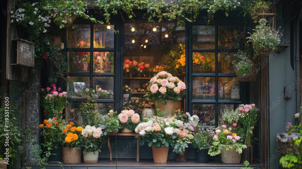 Charming flower shop with various vibrant blossoms and warm lighting Charming flower shop with various vibrant blossoms and warm lighting