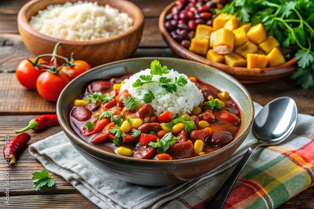 Hearty Red Bean Stew with Corn and Rice - Comfort Food Stock Photo Hearty Red Bean Stew with Corn and Rice - Comfort Food Stock Photo