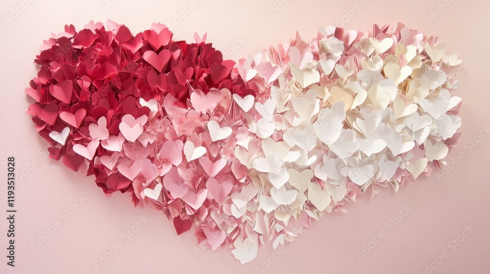 Heart-shaped paper in delicate shades of pink, red, and white artfully arranged against a pale pink background Heart-shaped paper in delicate shades of pink, red, and white artfully arranged against a pale pink background
