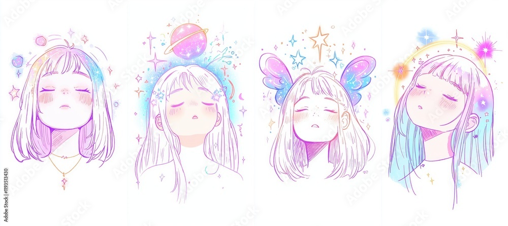 Dreamy Pastel Anime Girls with Celestial Elements Magical Space Art Illustration Dreamy Pastel Anime Girls with Celestial Elements Magical Space Art Illustration