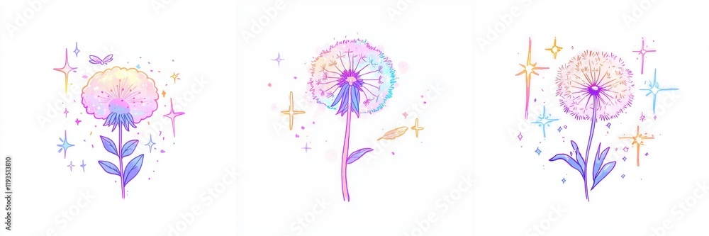 Naklejka premium Pastel Rainbow Dandelions with Stars and Sparkles Magical Floral Design Set
