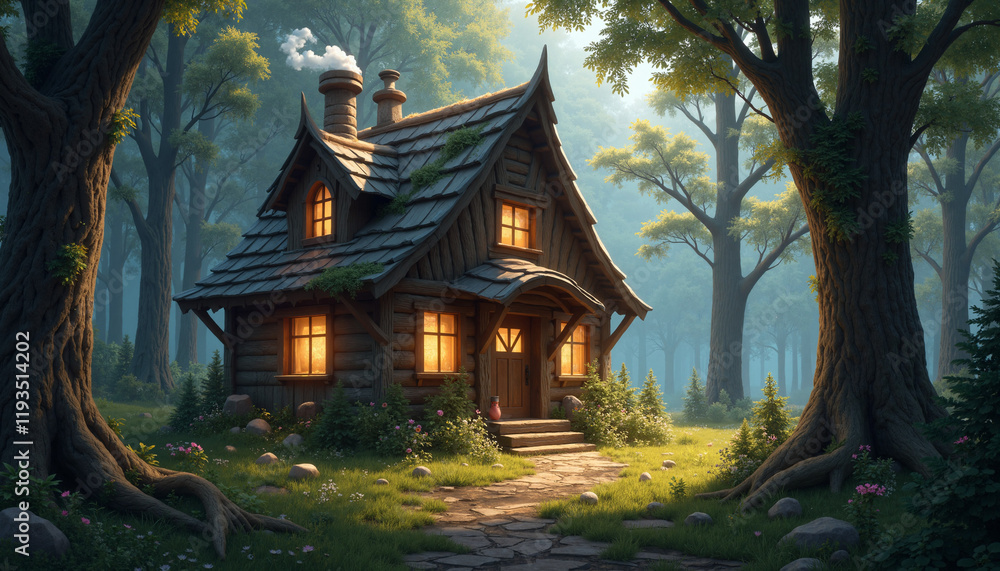 Fototapeta premium Charming wooden cottage surrounded by lush forest