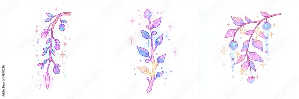 Enchanting Pastel Floral Branches with Berries and Sparkling Dust Magical Botanical Illustration Enchanting Pastel Floral Branches with Berries and Sparkling Dust Magical Botanical Illustration