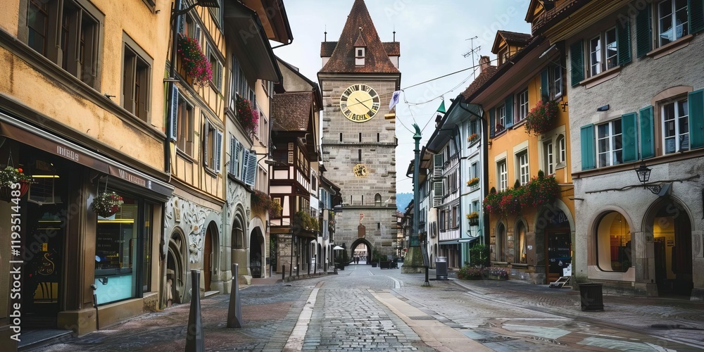Fototapeta premium A charming street scene featuring a historic clock tower amidst colorful buildings.