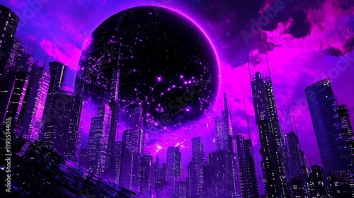 Futuristic cityscape at night with a glowing purple moon and vibrant skyline under a starry sky