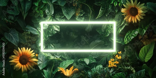 A glowing white neon rectangle framed by lush green leaves of the rainforest, with the rectangle casting soft reflections on tropical flowers like sunflowers and bougainvillea photo