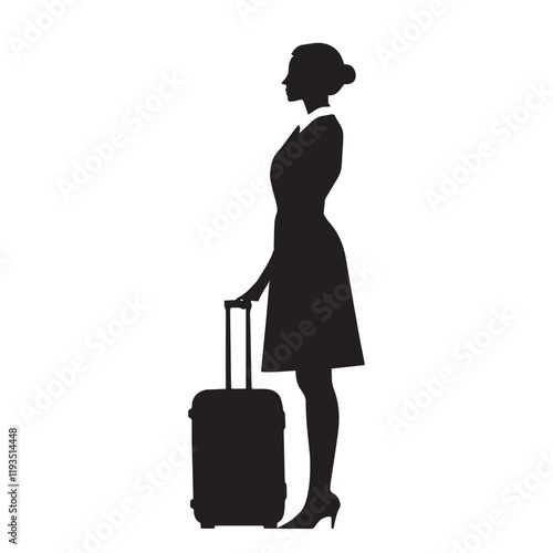 Vector illustration black silhouette of a stewardess in uniform with a suitcase