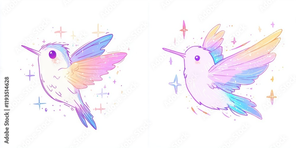 Two Pastel Rainbow Hummingbirds with Sparkling Wings Cute Bird Illustration Fantasy Design Two Pastel Rainbow Hummingbirds with Sparkling Wings Cute Bird Illustration Fantasy Design