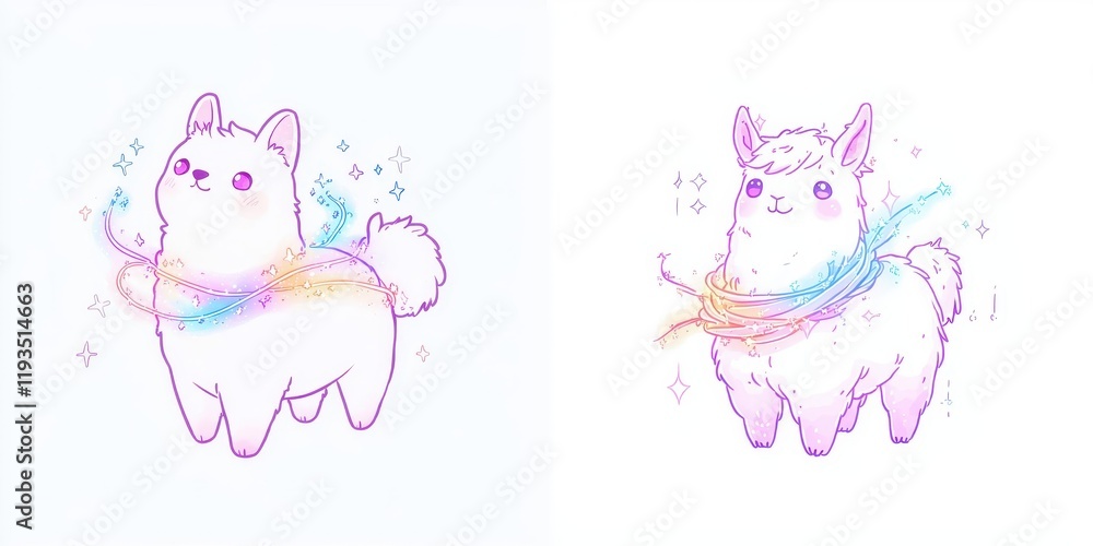 Adorable Pastel Rainbow Llama and Alpaca Illustrations Magical Cute Animals Kawaii Style Art Adorable Pastel Rainbow Llama and Alpaca Illustrations Magical Cute Animals Kawaii Style Art