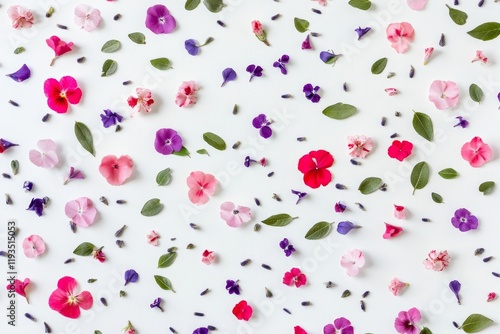Delicate arrangement of colorful flowers and leaves on a clean white surface showcasing nature's beauty and elegance