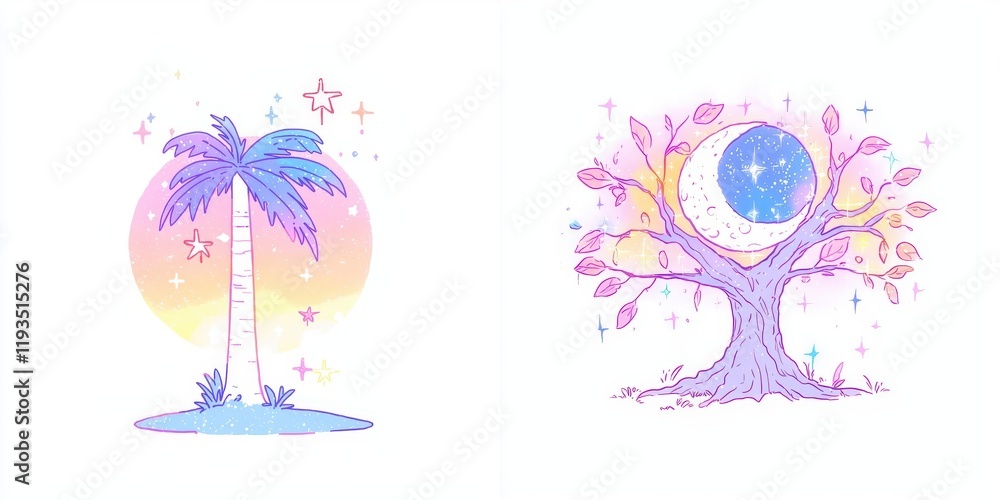 Pastel Dreamy Illustrations Palm Tree and Moon Tree Celestial Art Fantasy Design Pastel Dreamy Illustrations Palm Tree and Moon Tree Celestial Art Fantasy Design