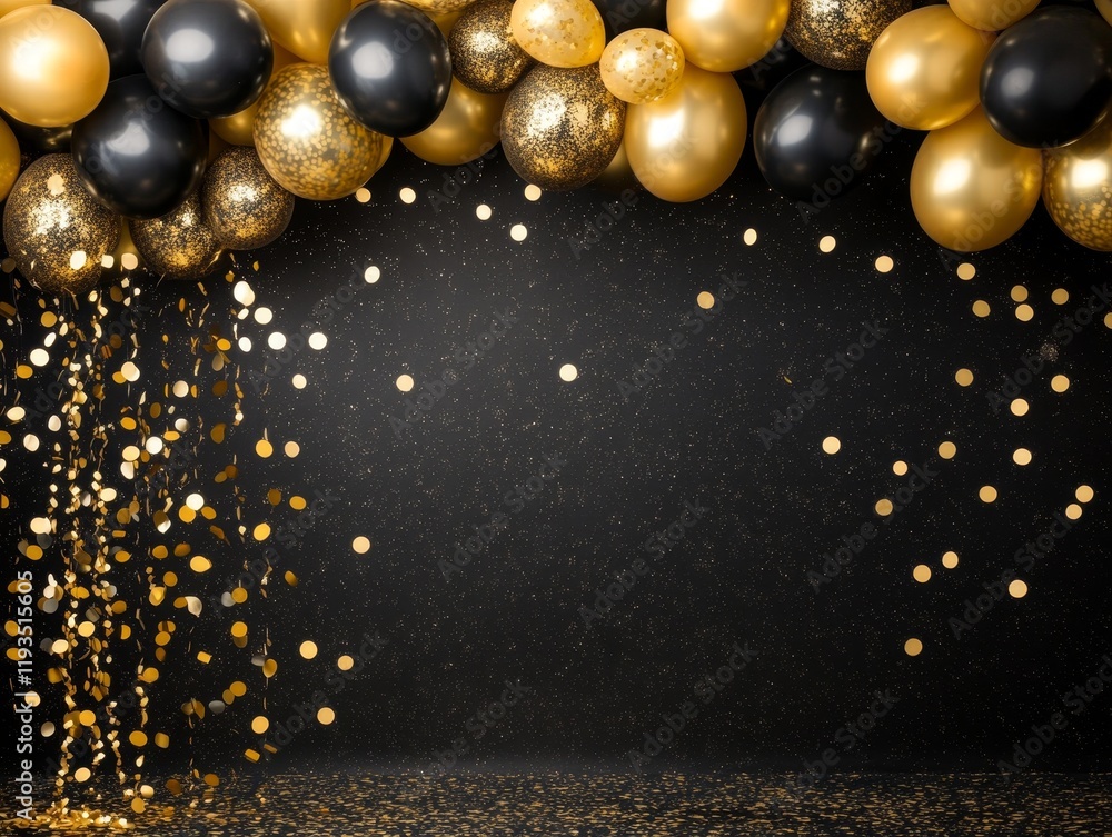 Naklejka premium Festive celebration backdrop featuring elegant black and gold balloons with shimmering decorations