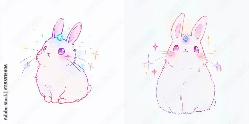 Adorable Pastel Rabbits with Sparkling Gems Cute Kawaii Bunny Illustrations Adorable Pastel Rabbits with Sparkling Gems Cute Kawaii Bunny Illustrations