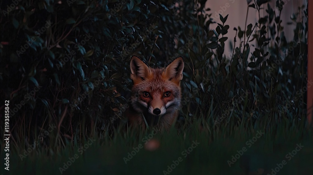 Obraz premium A curious fox peeking through backyard shrubs during twilight, blending into the natural surroundings.