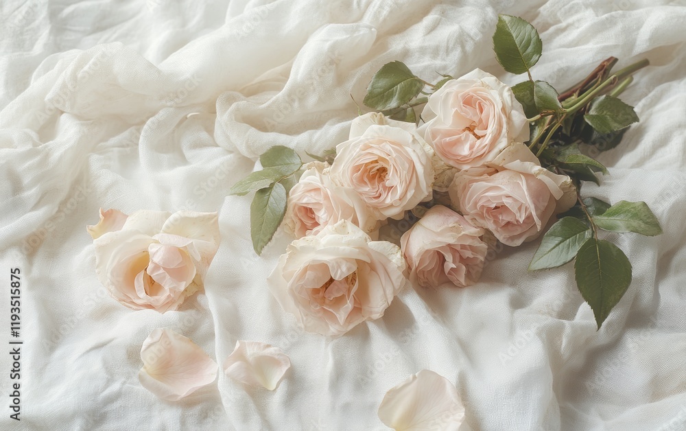 A bouquet of delicate pink roses lying on white linen fabric, for valentine's day A bouquet of delicate pink roses lying on white linen fabric, for valentine's day