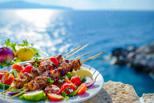 Greek cuisine, meat souvlaki, on background of Mediterranean Sea photo