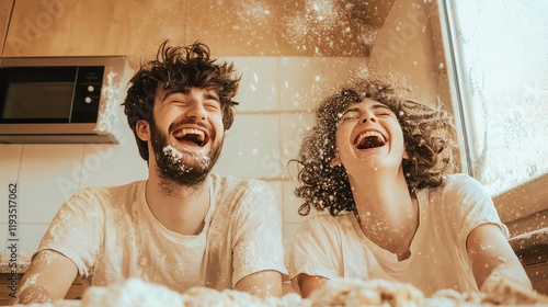 Happy couple laughing together in a kitchen filled with flour while baking. photo