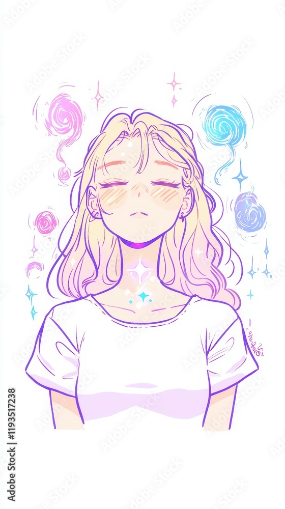 Serene Young Woman with Blonde Hair Pastel Dreamlike Illustration Calm Peaceful Anime Style Girl Serene Young Woman with Blonde Hair Pastel Dreamlike Illustration Calm Peaceful Anime Style Girl