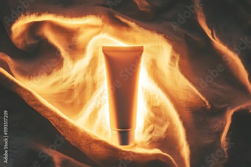Stylish beauty product tube illuminated against textured fabric background.