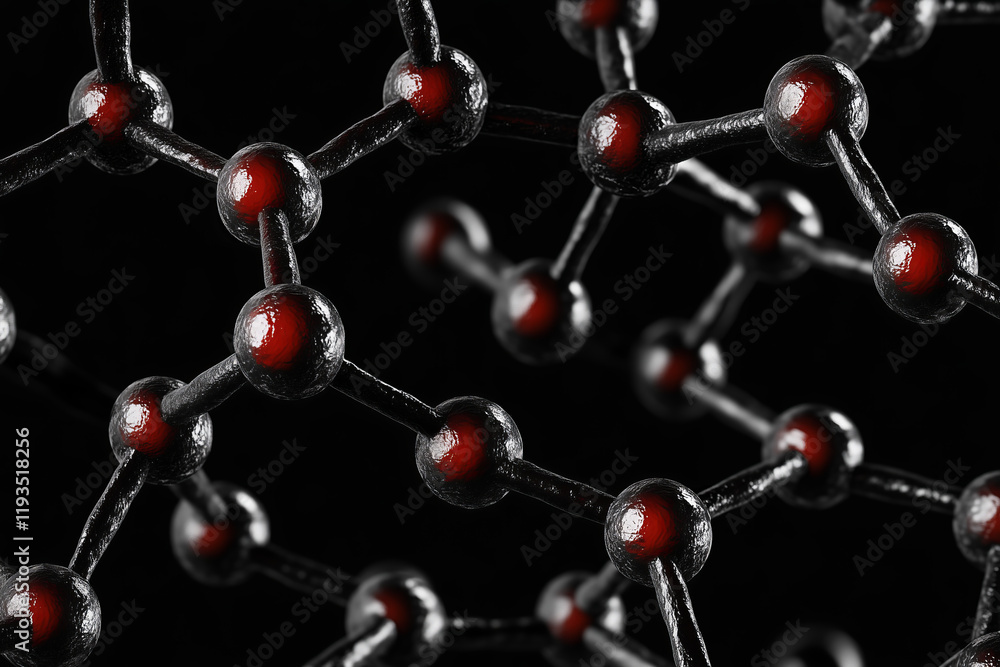 © Denis - Intricate and crystalline structure of hydrogen molecules against dark black background, scientific concept showing molecular arrangement.