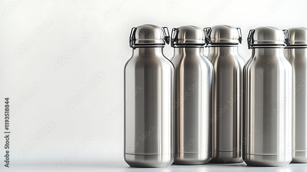 A set of stylish stainless steel water bottles on a white background A set of stylish stainless steel water bottles on a white background