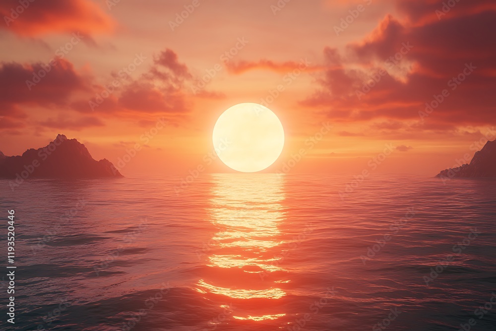 Dramatic Sunset Over Water with Fiery Sky and Mountains Dramatic Sunset Over Water with Fiery Sky and Mountains