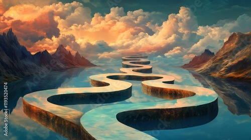 Symbolic representation of wisdom path winding through abstract landscapes of selfreflection
