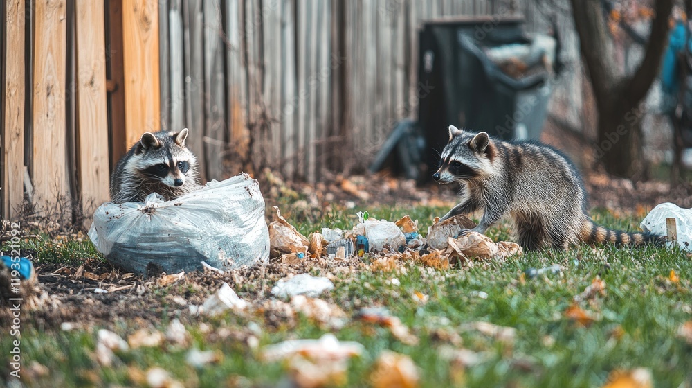 Naklejka premium A suburban backyard with raccoons raiding trash bags near a fence, leaving an unsightly mess of litter scattered across the grass.