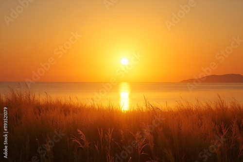 A peaceful image of a golden sunset over a calm sea or meadow, symbolizing the end of a journey, with ample space for text photo