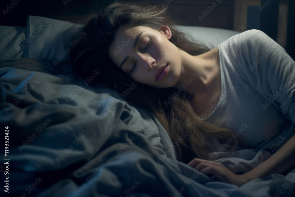 young woman sleeping on bed in dark room young woman sleeping on bed in dark room
