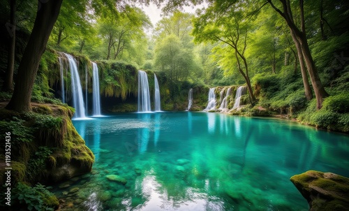 Serene waterfall in lush green forest
