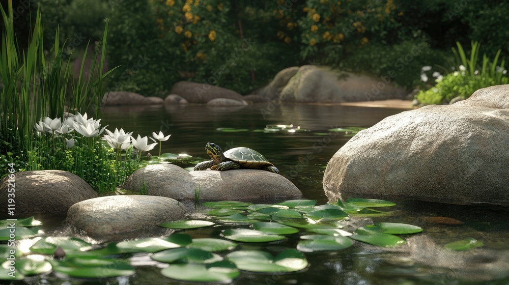 A turtle sunbathing near a small backyard pond, surrounded by water lilies and smooth rocks. A turtle sunbathing near a small backyard pond, surrounded by water lilies and smooth rocks.