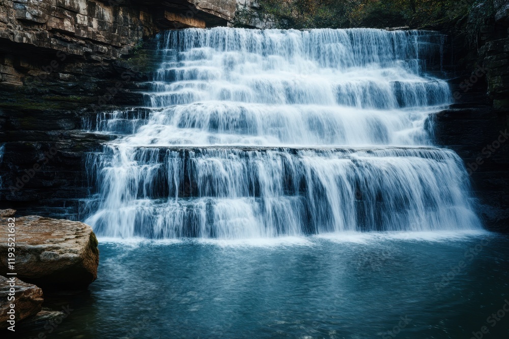 Cascading waterfall with multiple tiers surrounded by rocky terrain in a natural setting Cascading waterfall with multiple tiers surrounded by rocky terrain in a natural setting