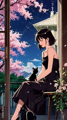 lofi anime girl, sakura falling, lofi, anime girl sleeping and sakura petals falling, 4K resolution, peaceful, plant, night, sound, music, 4K Lofi Japanese Anime-style background animation video