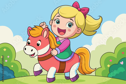 happy Girl Riding A Pony With Excitement In A Cheerful Setting
By Oatthapon