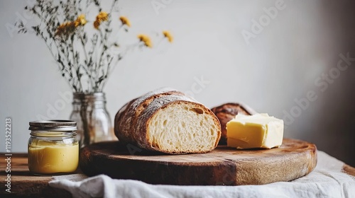 A rustic breadboard with freshly baked sourdough and a jar of butter photo