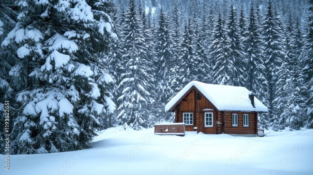 A cozy winter cabin nestled among snow-covered pine trees, Winter scene, Cozy style A cozy winter cabin nestled among snow-covered pine trees, Winter scene, Cozy style