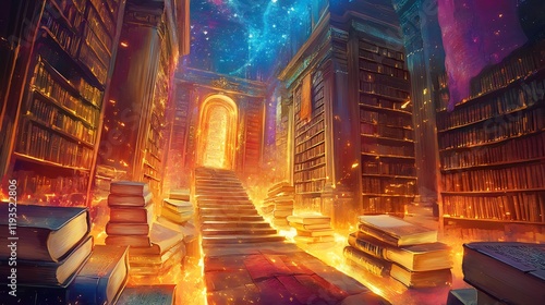 Vibrant portrayal of ancient library glowing scroll manuscript surrounded allegory of truth photo