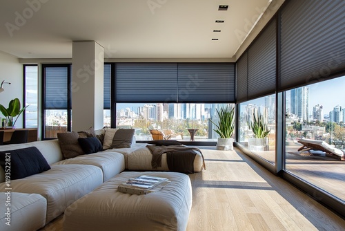 Extra large pleated blinds featured in a contemporary apartment, with a 50mm fold that offers top-down bottom-up privacy and a sleek modern look.