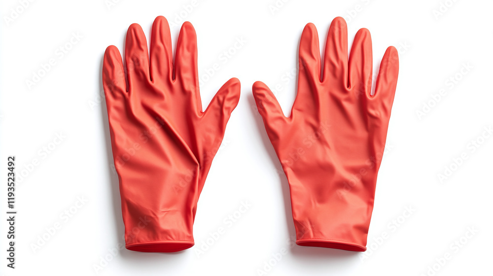 Obraz premium Pair of red protective rubber gloves isolated on white background. domestic housekeeping and housework hygiene equipment, sanitary service hand wear.