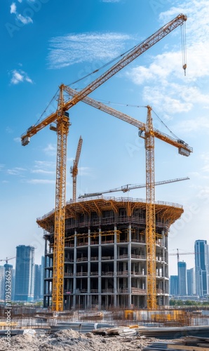 Modern Construction Site with Tower Cranes Against Bright Blue Sky and Urban Skyline in Background photo