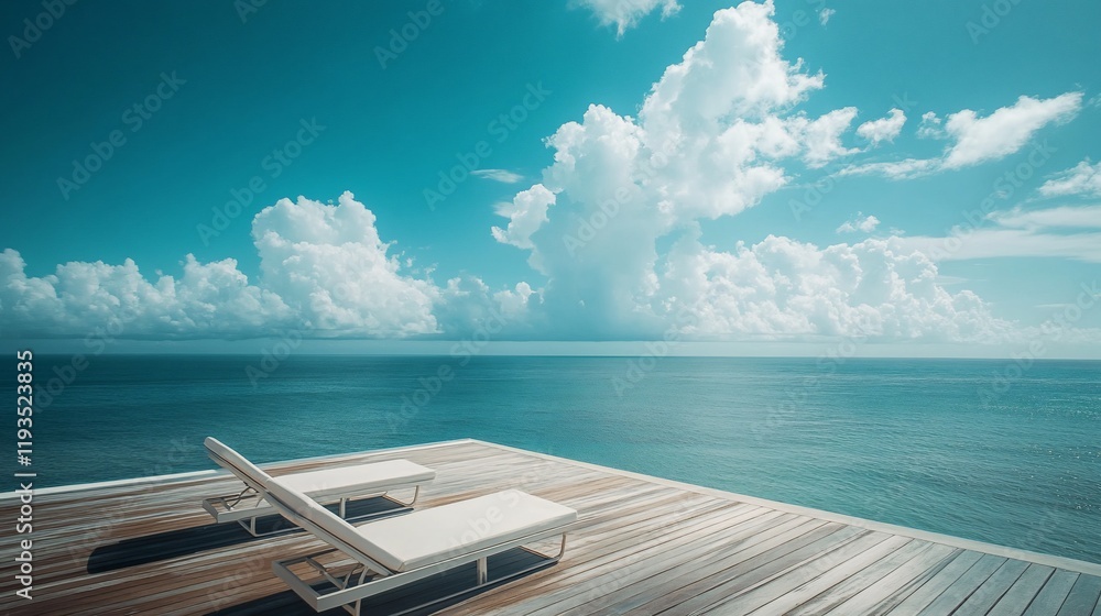 Fototapeta premium Tranquil Ocean View With Two White Lounge Chairs