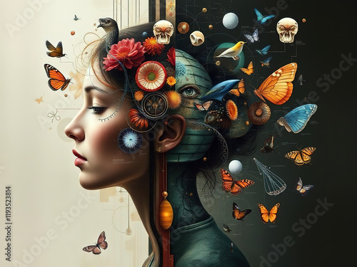 Ilustración de la imagen de la cara de una mujer rodeada de animales y figuras abstractas. Generado con IA