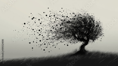 The tree of particles. Tree wind tears of small circles and dots. vector illustration