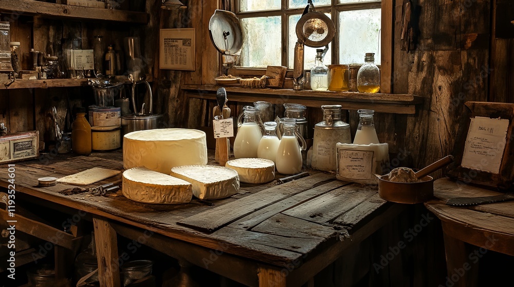 A rustic cheese-making station with milk, molds, and thermometers A rustic cheese-making station with milk, molds, and thermometers