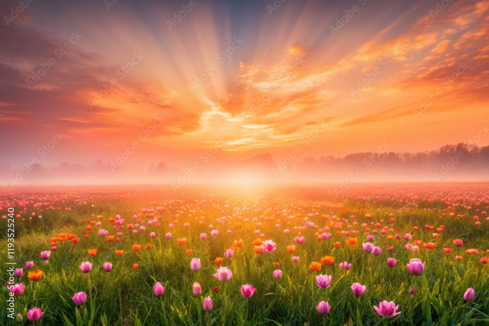 Fototapeta premium Misty meadow at sunrise floral landscape nature photography tranquil environment scenic viewpoint